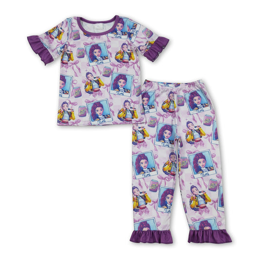 Short sleeves ruffle bow music top pants girls pajamas set