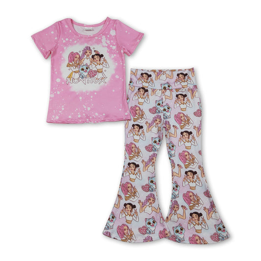 Short sleeves pink bleached top pants music girls outfits