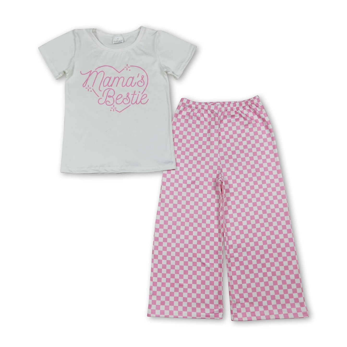 Mama's bestie heart top pink plaid pants girls outfits