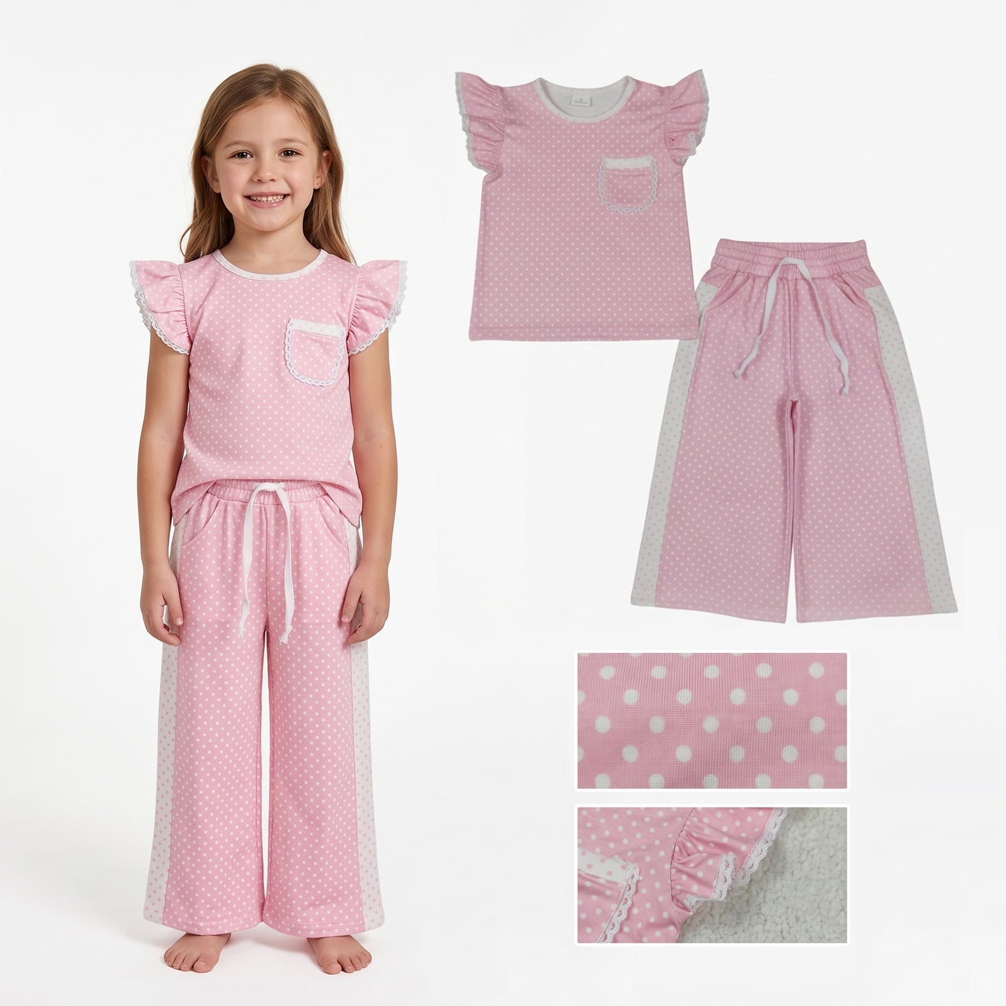 Pink polka dots flutter sleeves top pants girls outfits