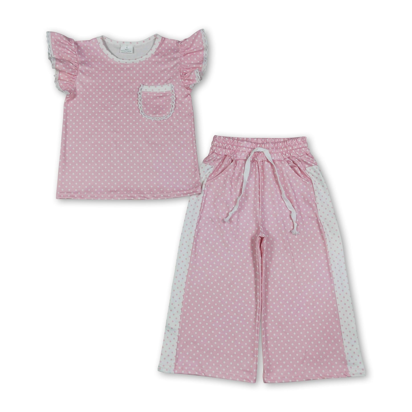 Pink polka dots flutter sleeves top pants girls outfits