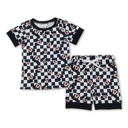 Short sleeves black plaid mouse top shorts baby kids clothing