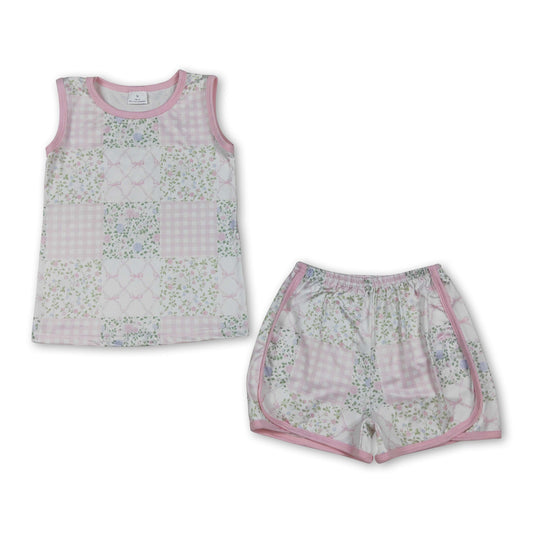 Sleeveless floral bow patchwork top shorts girls outfits