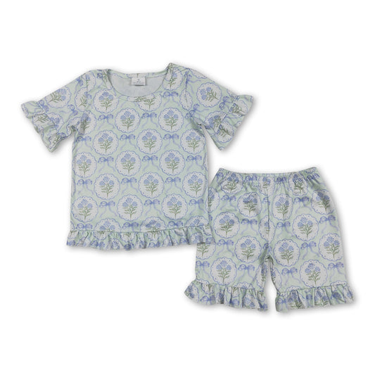 Short sleeves floral bow ruffle top shorts girls outfits