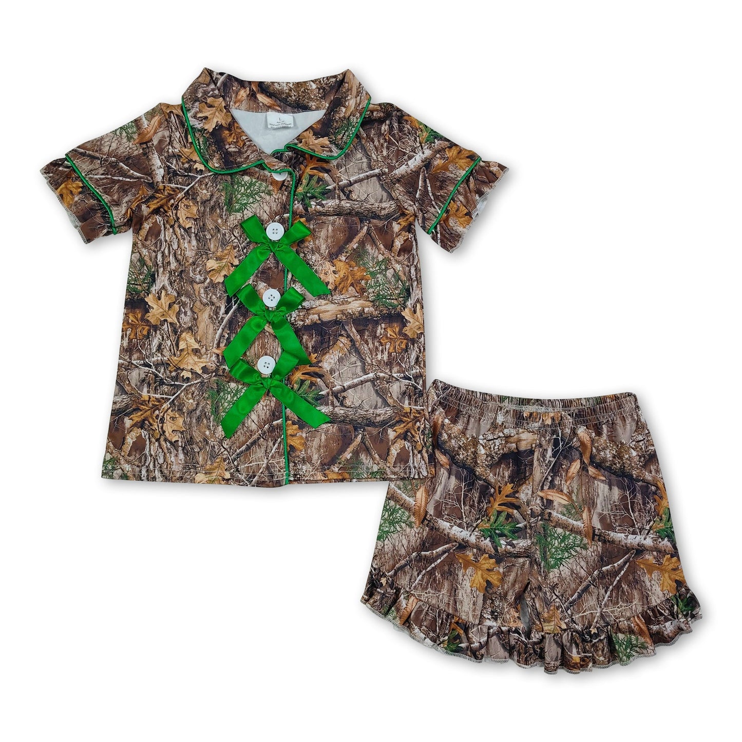 Short sleeves green bow camo girls button down pajamas set