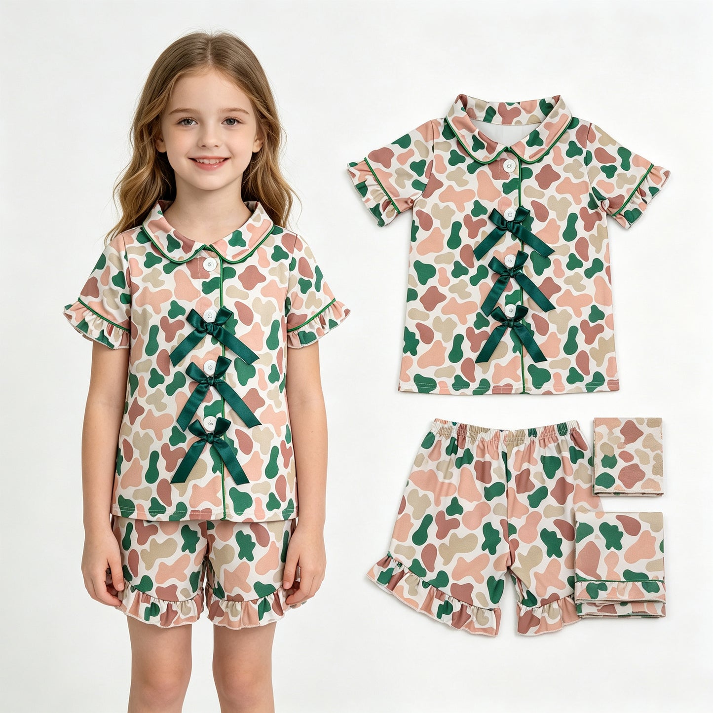 Short sleeves dark green bow camo girls button down pajamas set