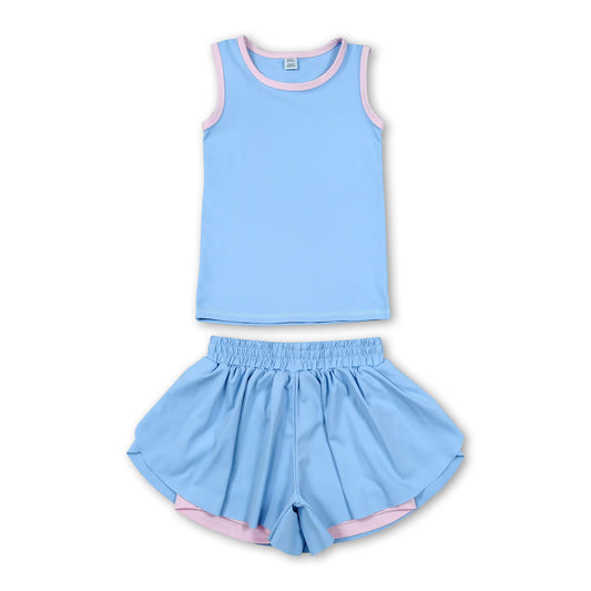 Sleeveless light blue pink top butterfly shorts girls outfits