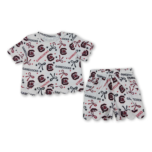 Short sleeves scallop bow C kids girls team outfits