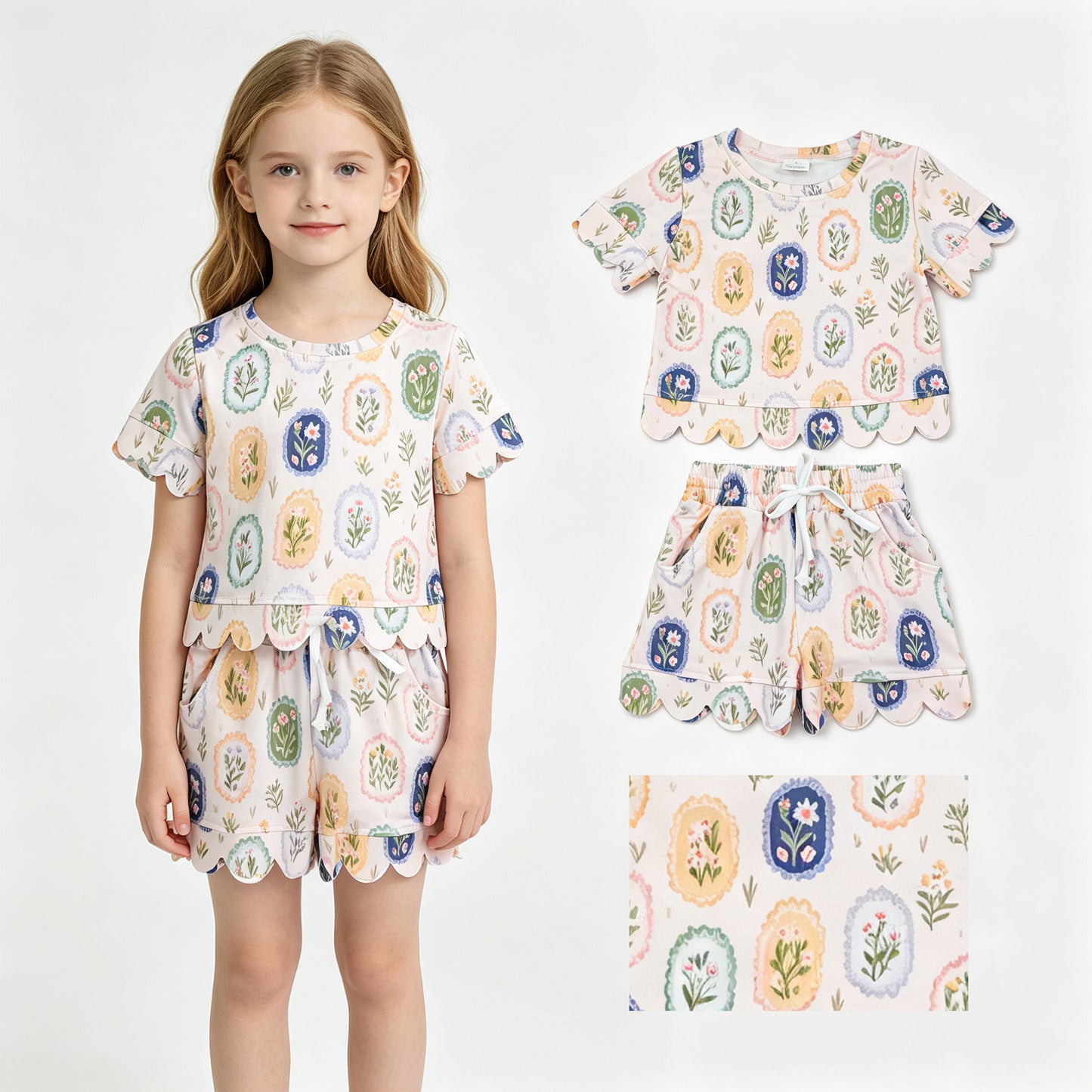 Short sleeves scallop floral toddler girls summer clothes