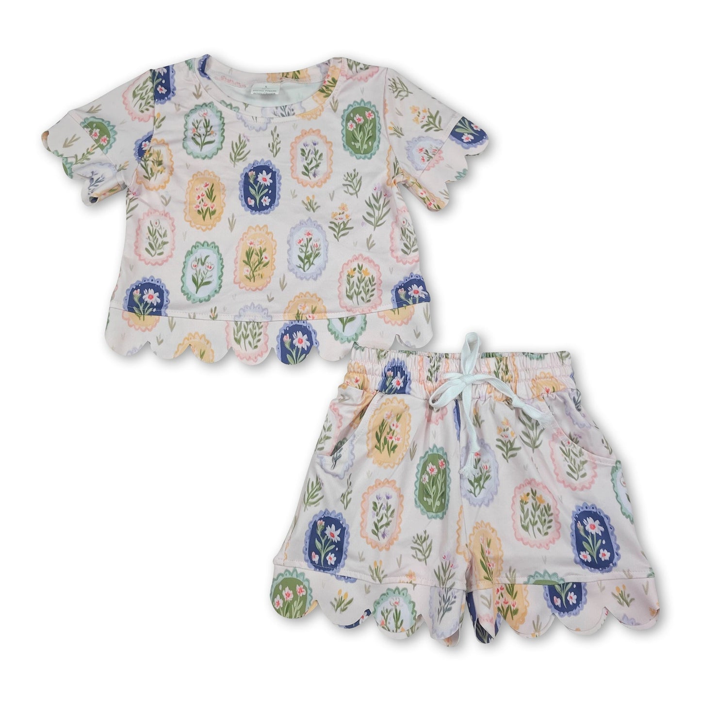 Short sleeves scallop floral toddler girls summer clothes