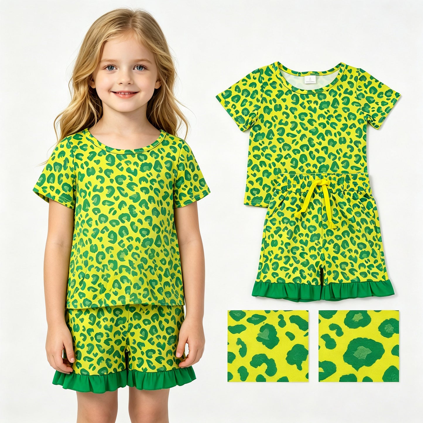 Short sleeves green ruffle leopard top shorts girls outfits