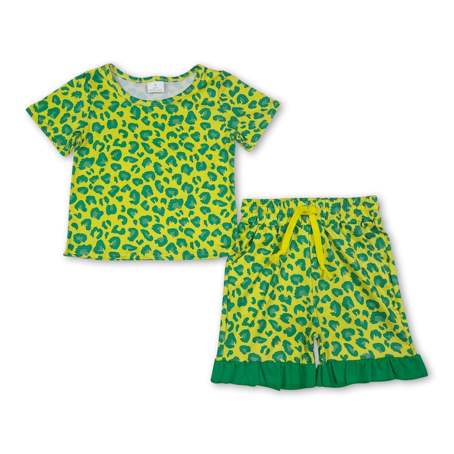 Short sleeves green ruffle leopard top shorts girls outfits