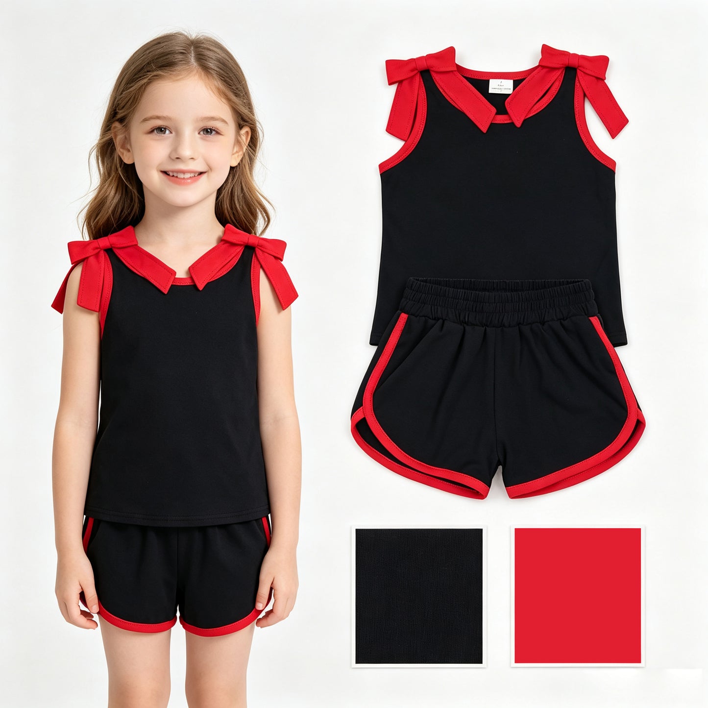 Sleeveless red bow black top shorts girls team outfits