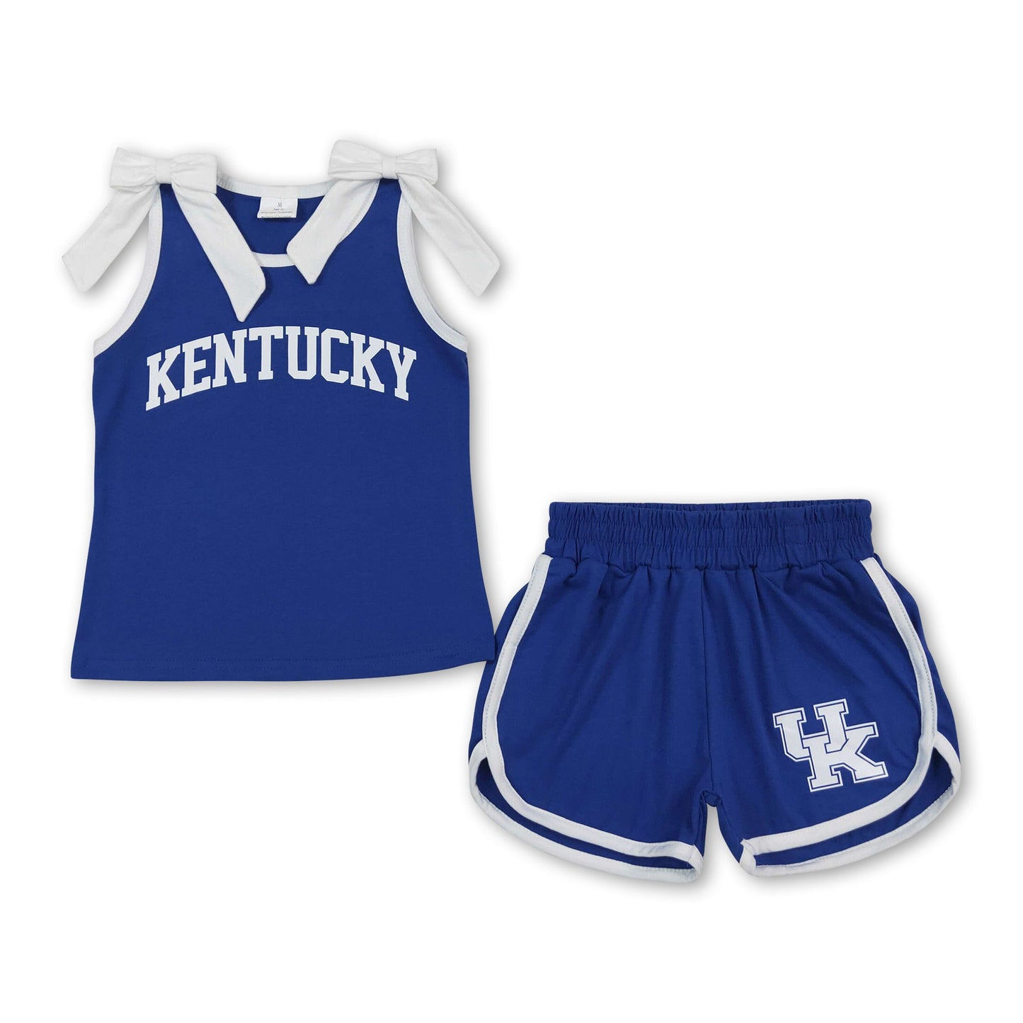 Sleeveless white bow blue top shorts U K team girls outfits