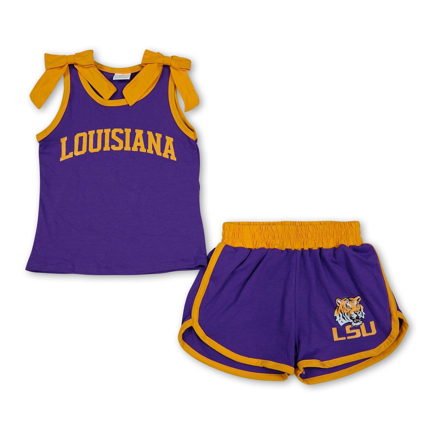Sleeveless yellow bow purple top shorts tiger team girls outfits