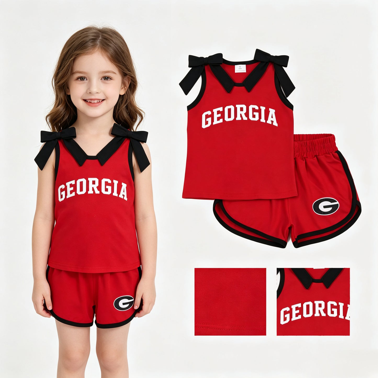 Sleeveless black bow red top shorts G team girls outfits