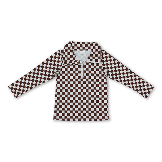 Long sleeves brown plaid baby kids zip pullover