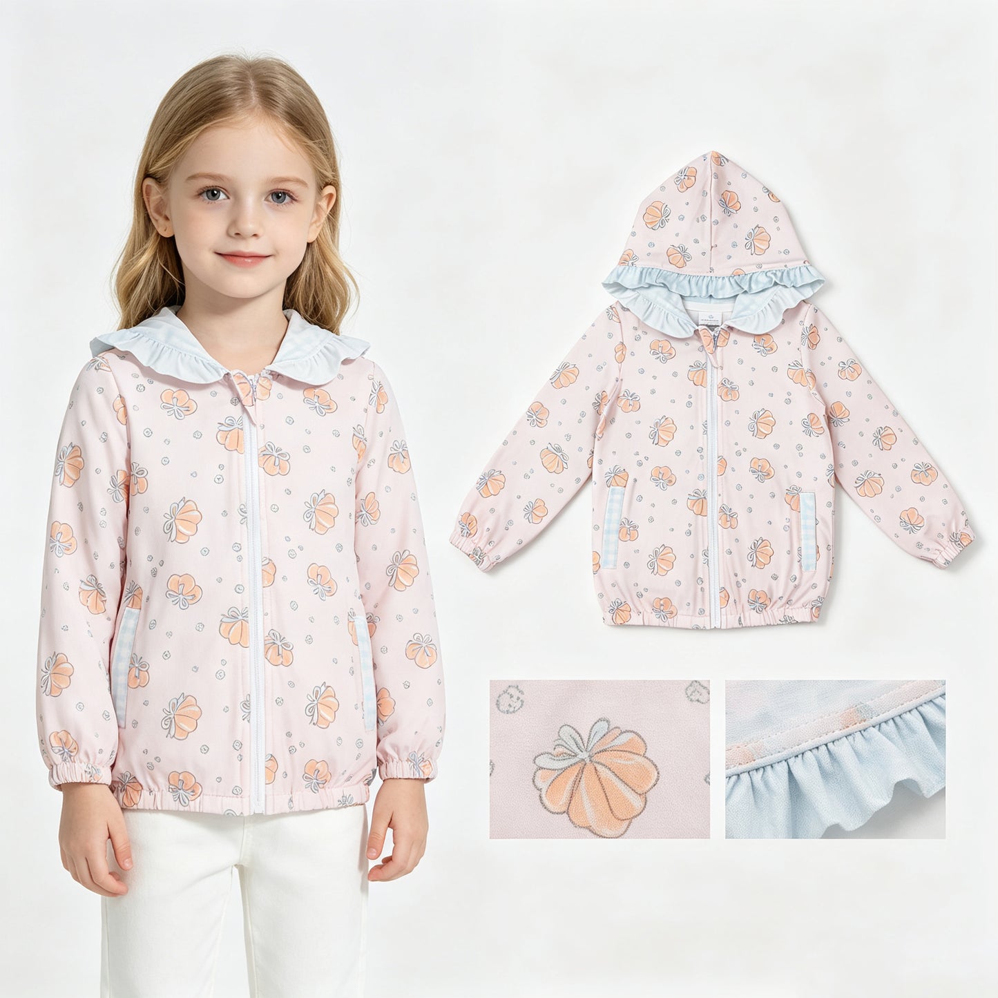 Long sleeves pumpkin bow ruffle girls fall hooded jacket