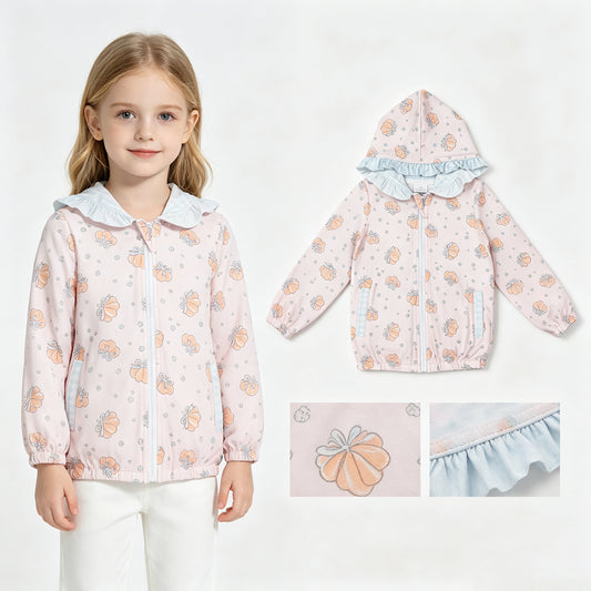 Long sleeves pumpkin bow ruffle girls fall hooded jacket