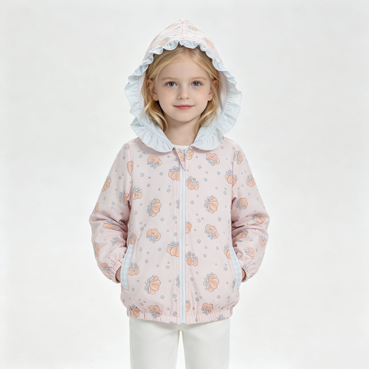 Long sleeves pumpkin bow ruffle girls fall hooded jacket