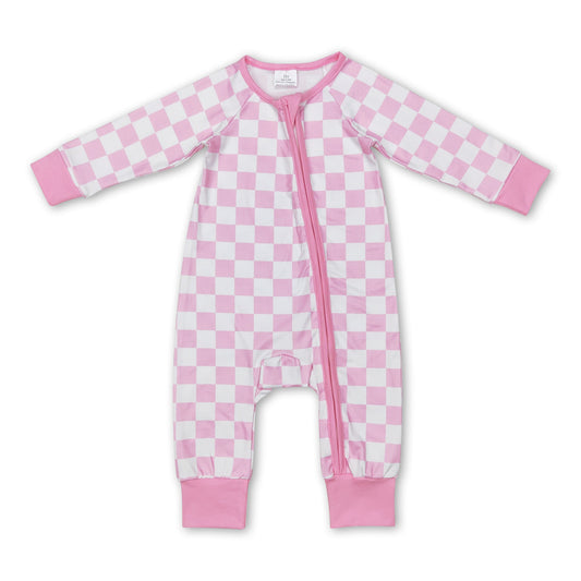 Pink plaid long sleeves baby kids zipper romper