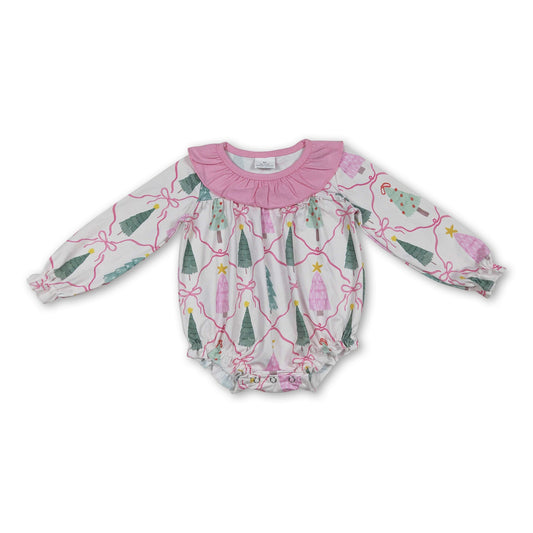 Long sleeves pink bow Christmas tree baby girl zipper romper
