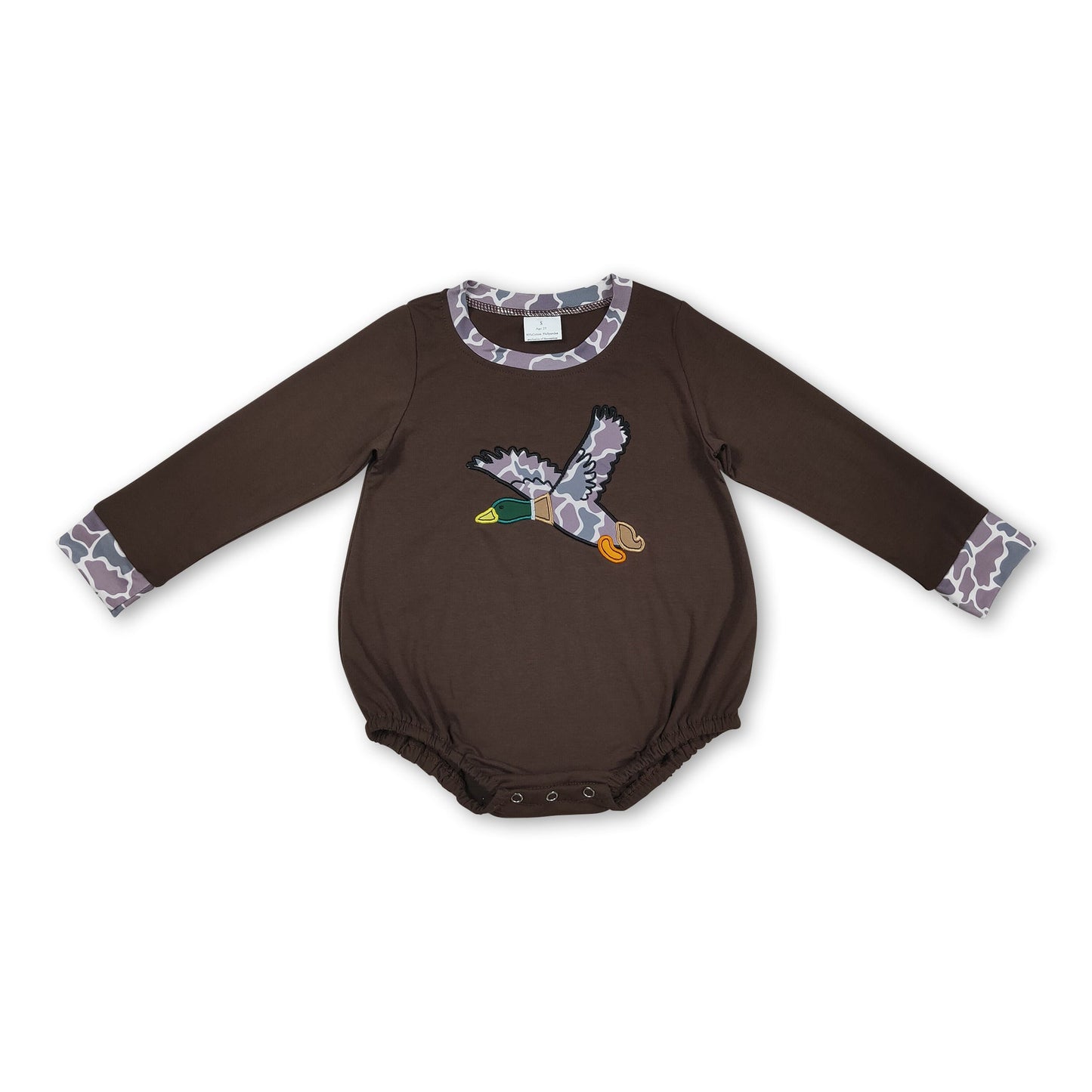 Long sleeves brown camo duck baby boy romper