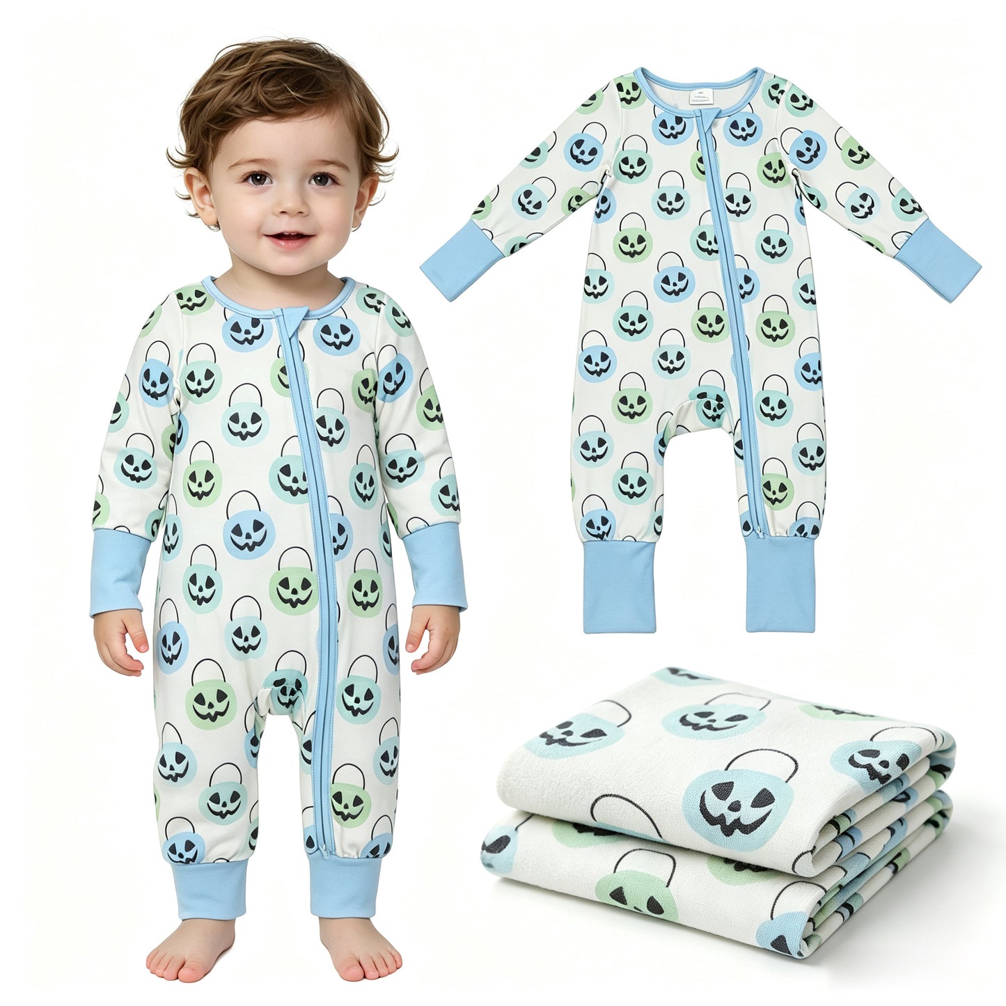 Light blue pumpkin basket baby boy Halloween zipper romper