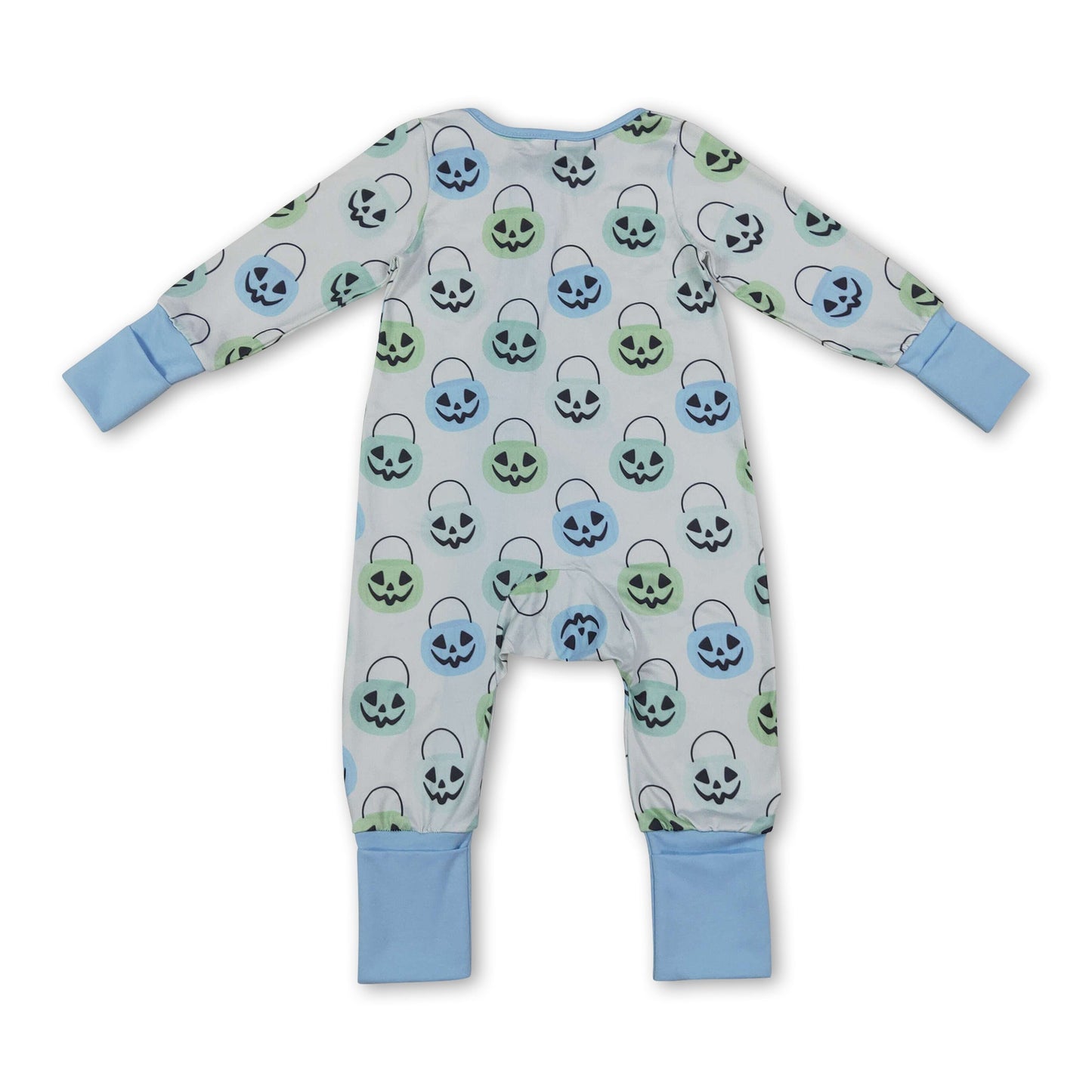 Light blue pumpkin basket baby boy Halloween zipper romper