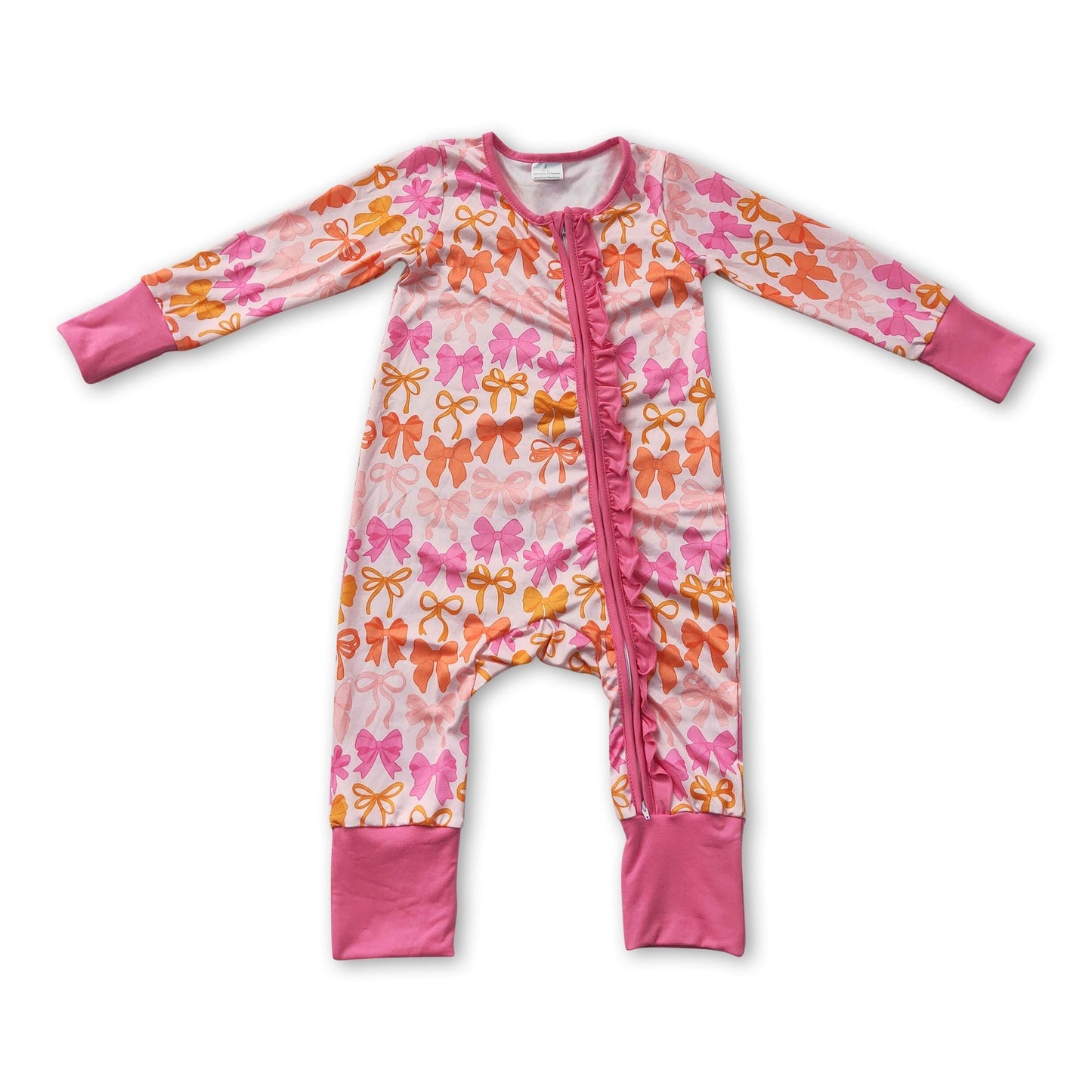 Long sleeves pink ruffle bows baby girls zipper romper