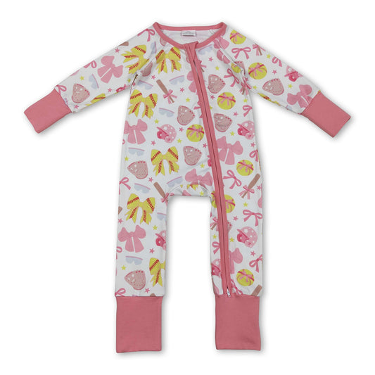 Long sleeves pink bow softball baby girls zipper romper