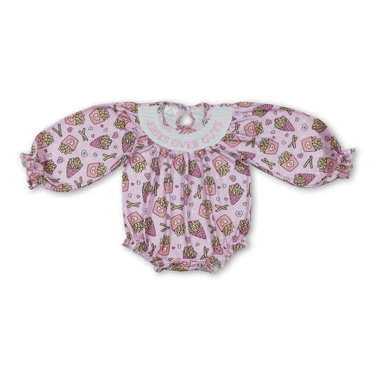 Long sleeves heart fries smocked baby girls Valentine's romper