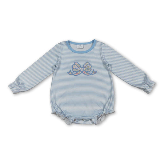 Long sleeves floral bow embroidery stripe baby girl romper