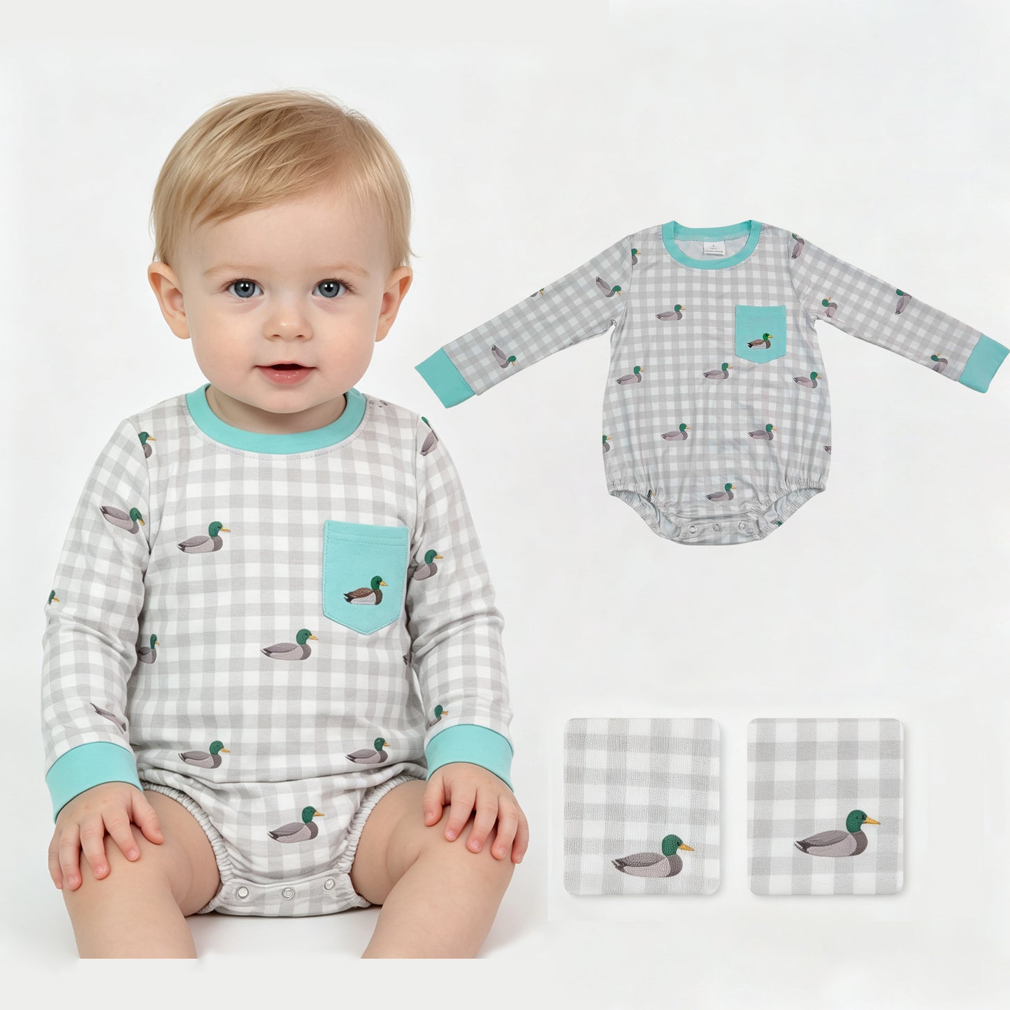 Duck embroidery plaid pocket plaid boy romper