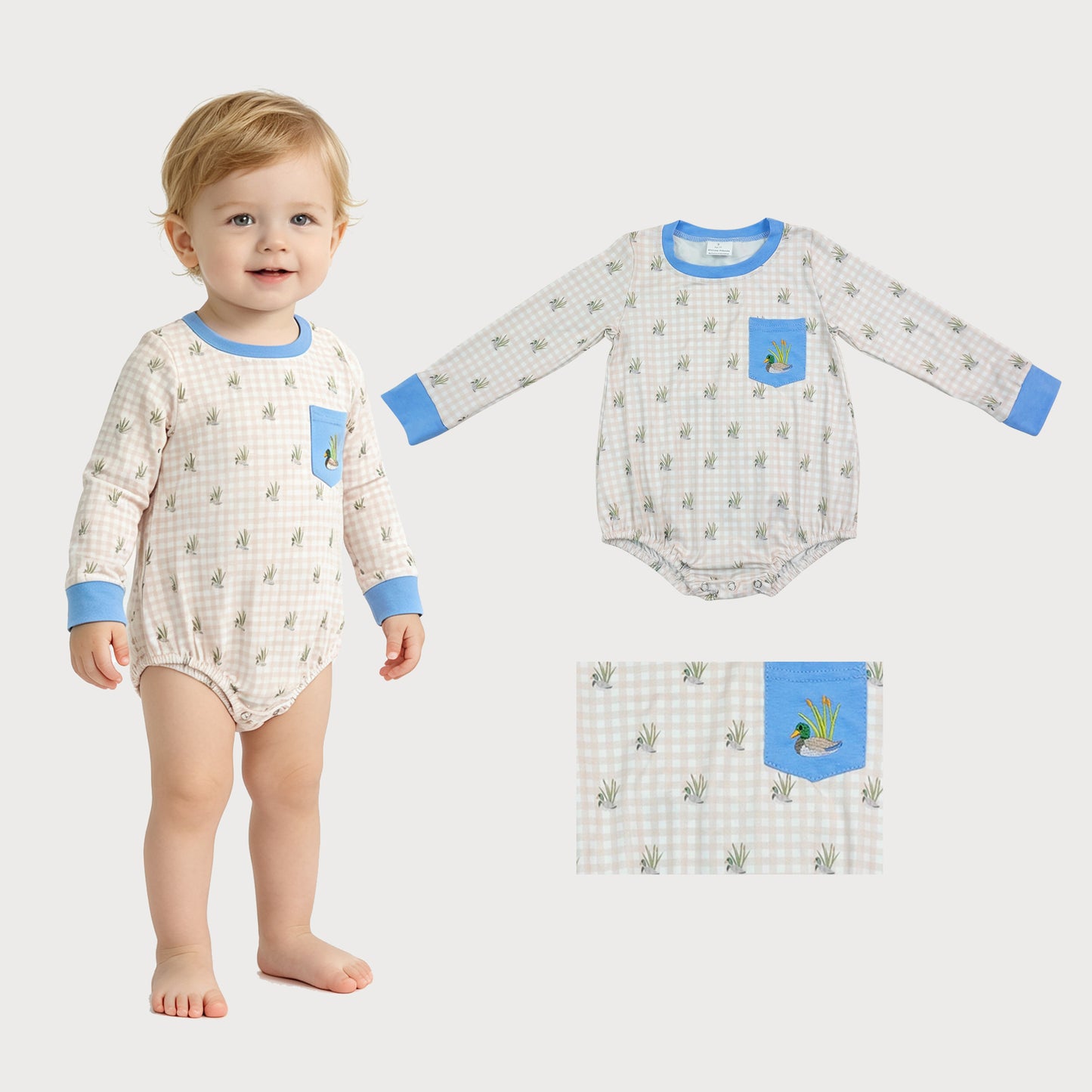 Long sleeves duck embroidery pocket plaid baby boy romper
