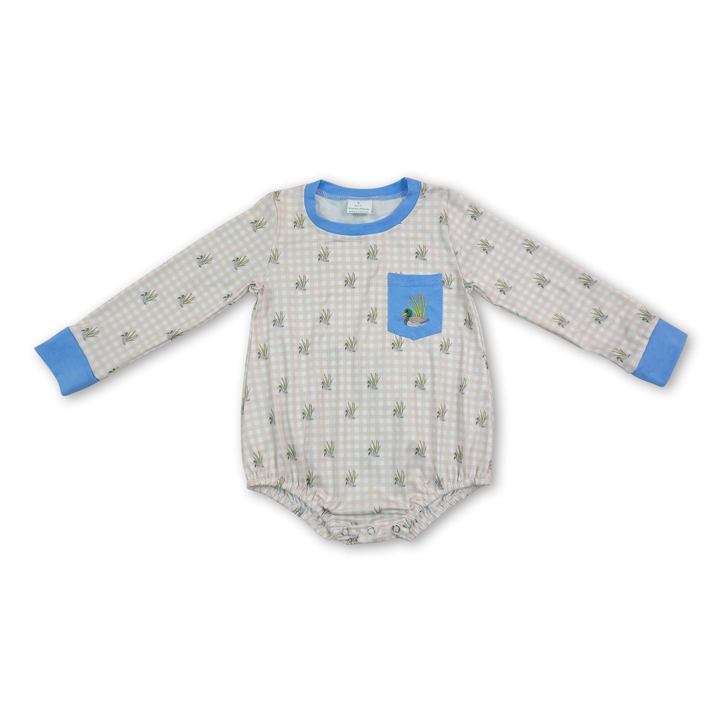 Long sleeves duck embroidery pocket plaid baby boy romper