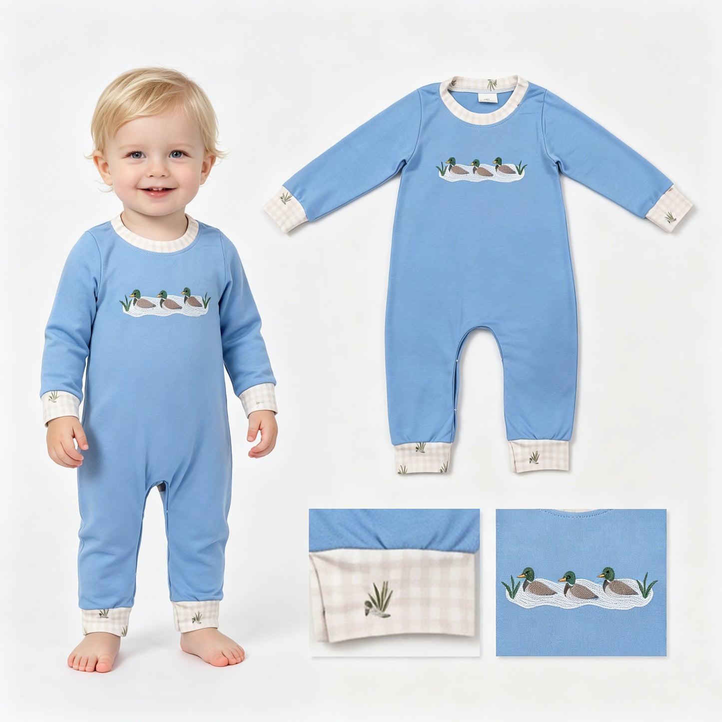 Long sleeves duck embroidery baby boy romper