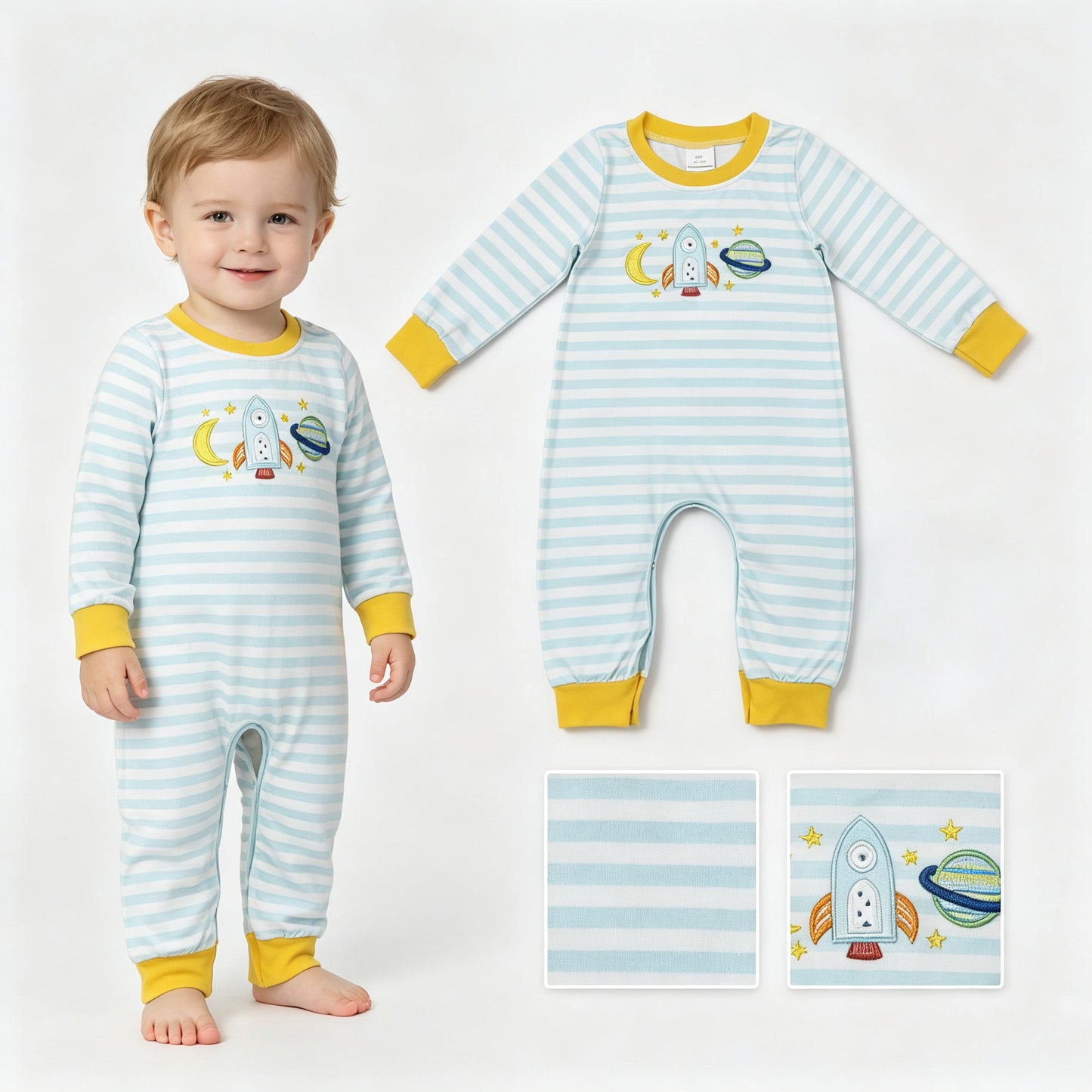 Long sleeves moon rocket embroidery baby boy romper