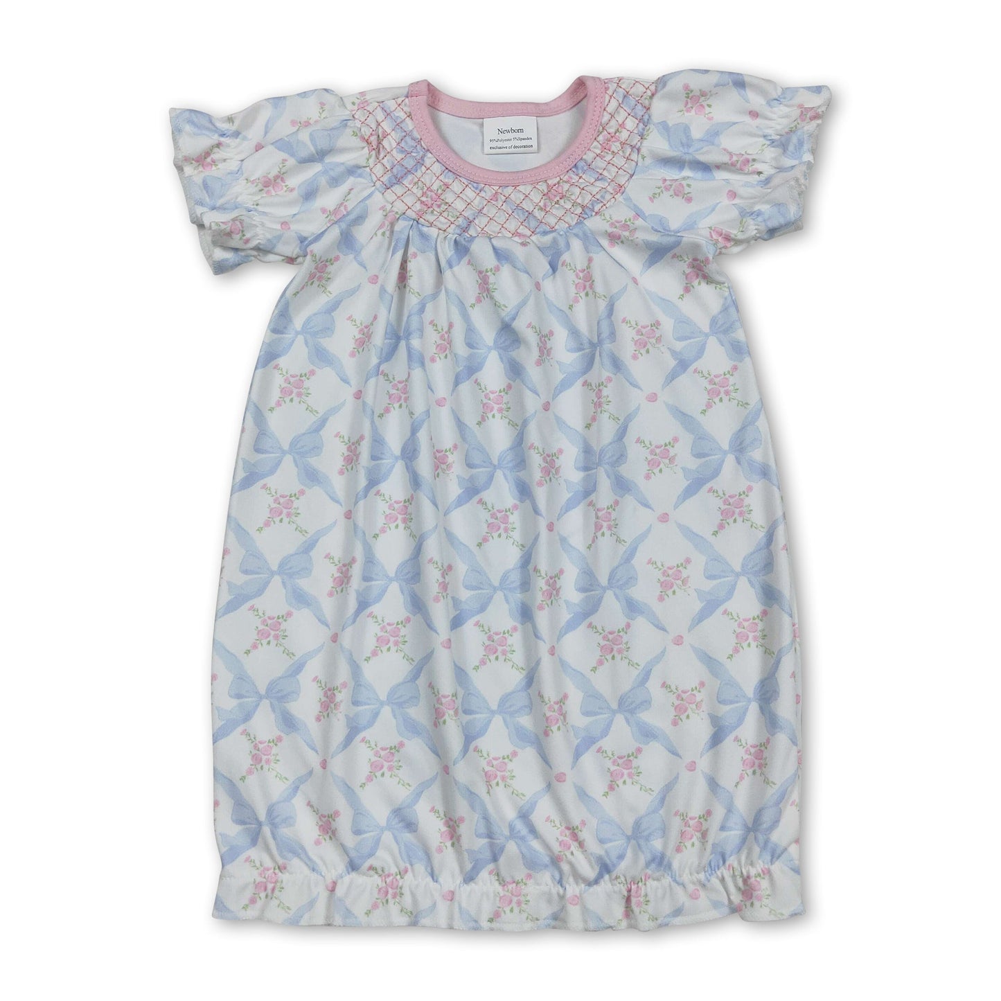 Short sleeves floral bow embroidery baby gown