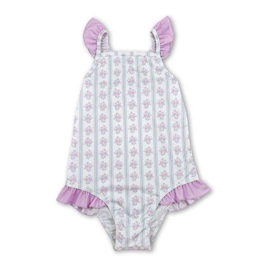 Flutter sleeves floral stripe baby girls one piece swimsuit