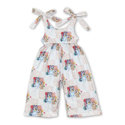 Plaid floral blue dogs kids girls jumpsuit