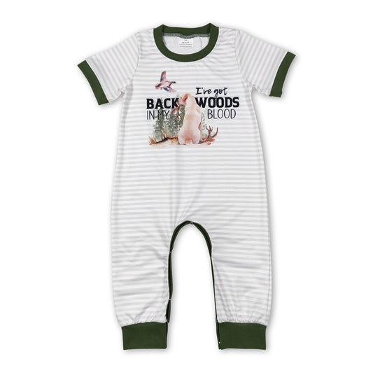Grey stripe short sleeves duck dog baby boy romper