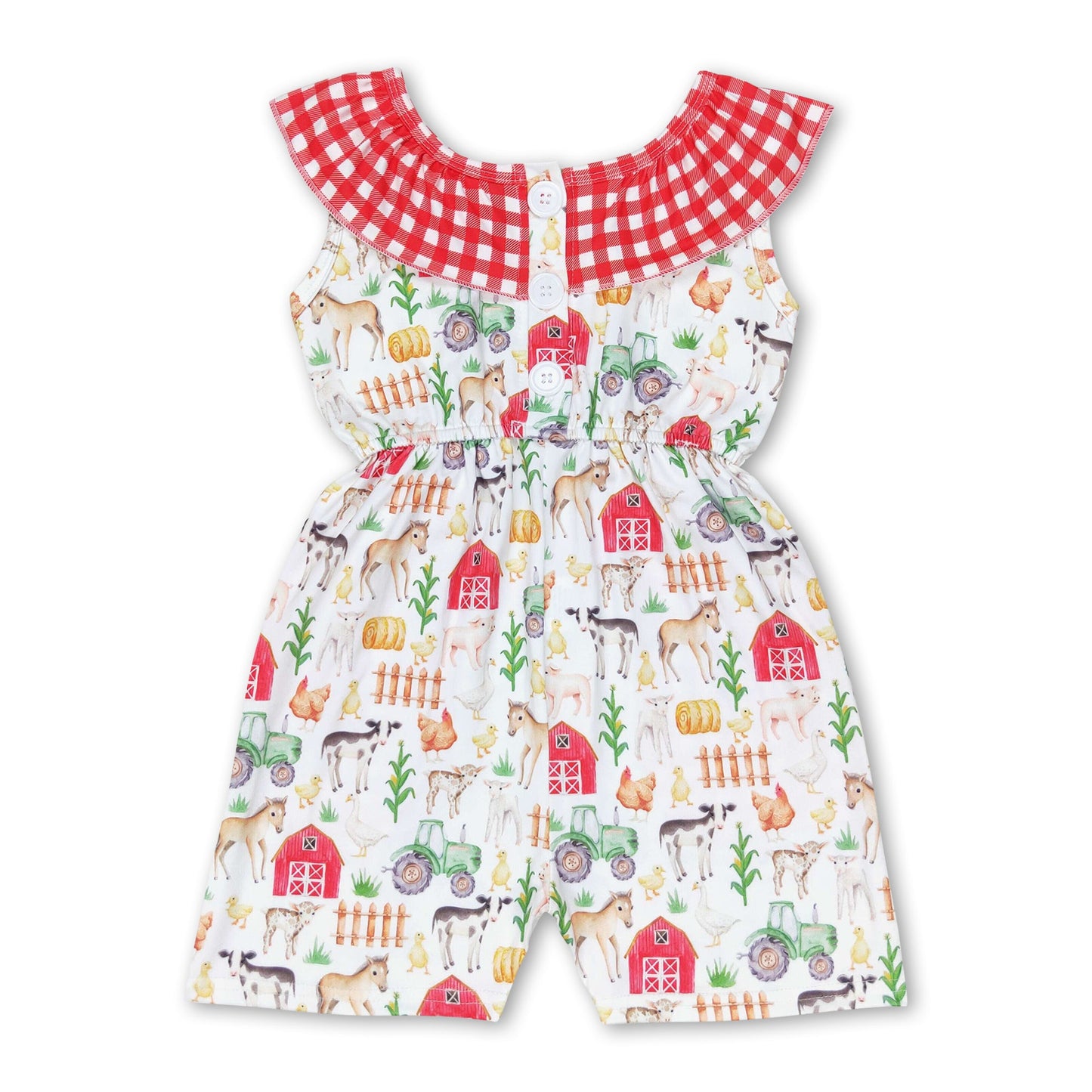 Plaid pig horse chicken pockets baby girls farm jumpsuit