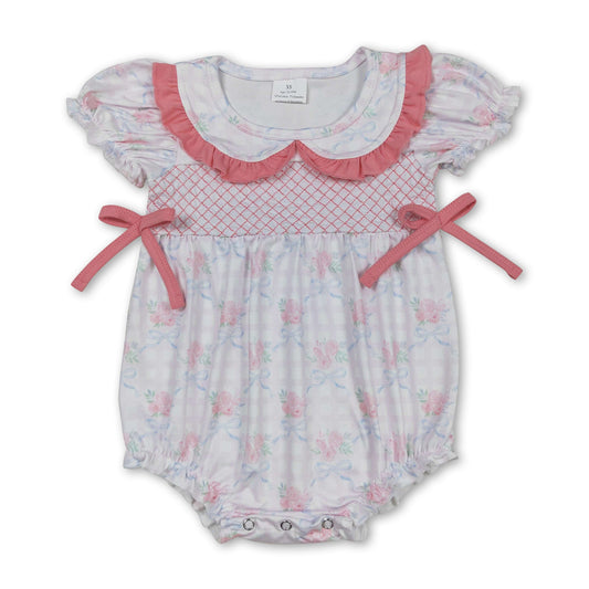 Short sleeves floral bow plaid baby girls summer romper