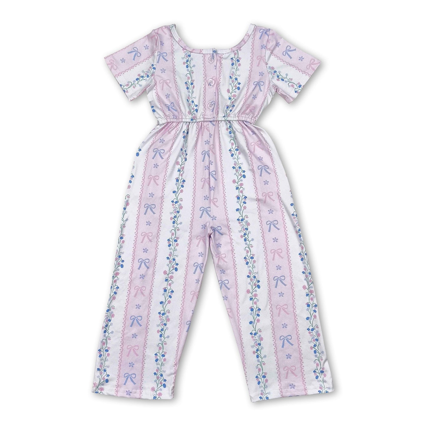 Short sleeves pink bow floral pockets girls jumpsuit