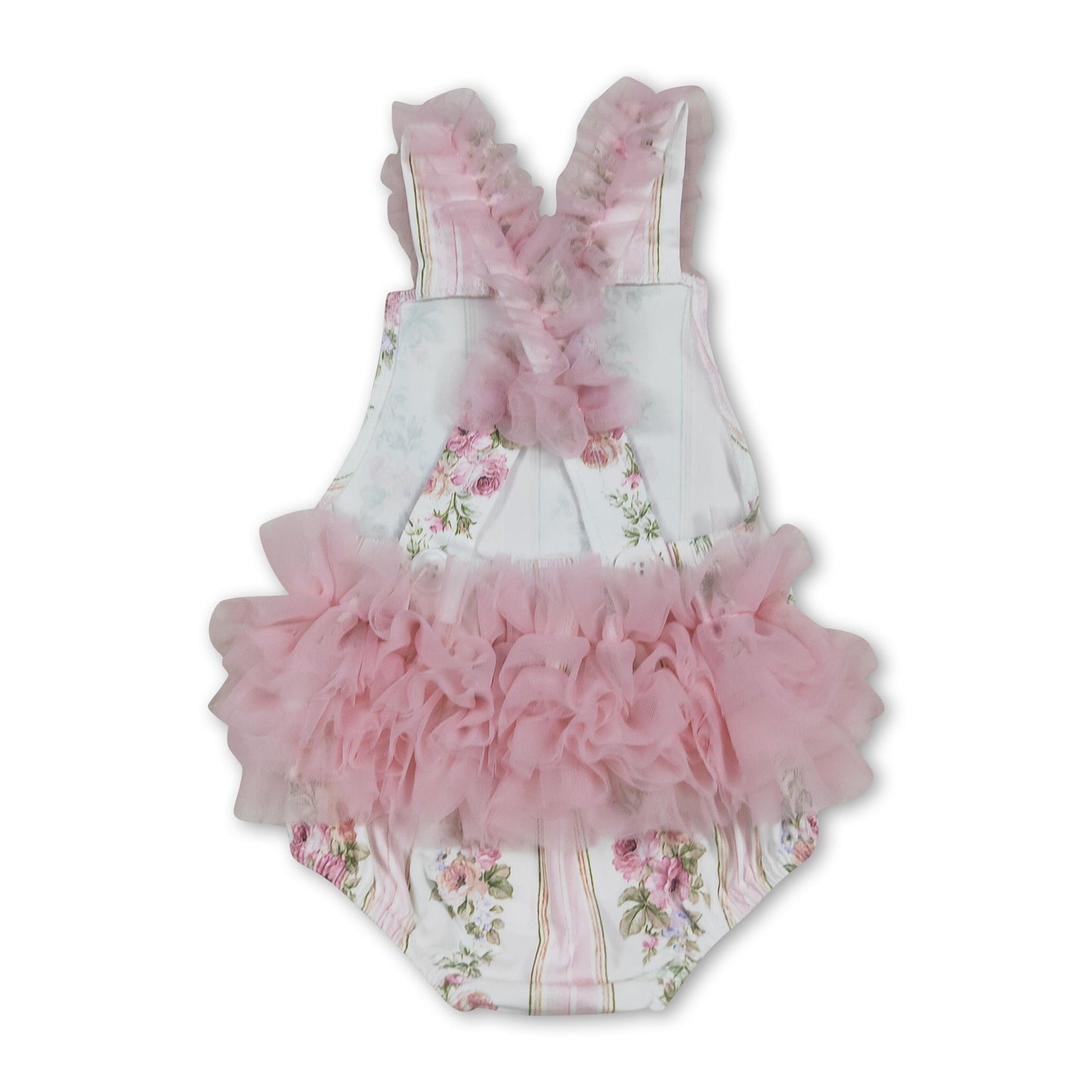 Pink tulle ruffle floral straps baby girls summer romper
