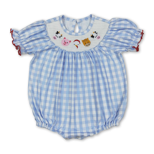 Short sleeves blue plaid cow pig chicken baby girls romper