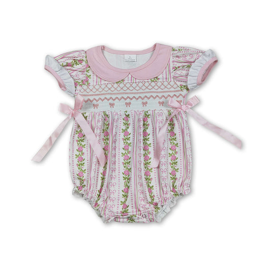 Short sleeves pink bow floral baby girls summer romper