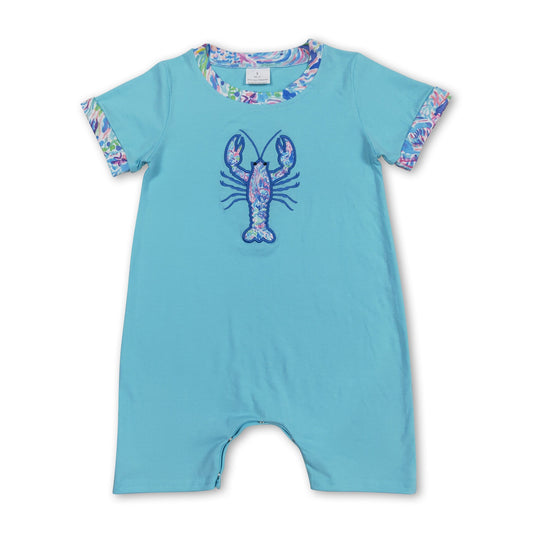 Light blue watercolor crawfish baby boy summer romper
