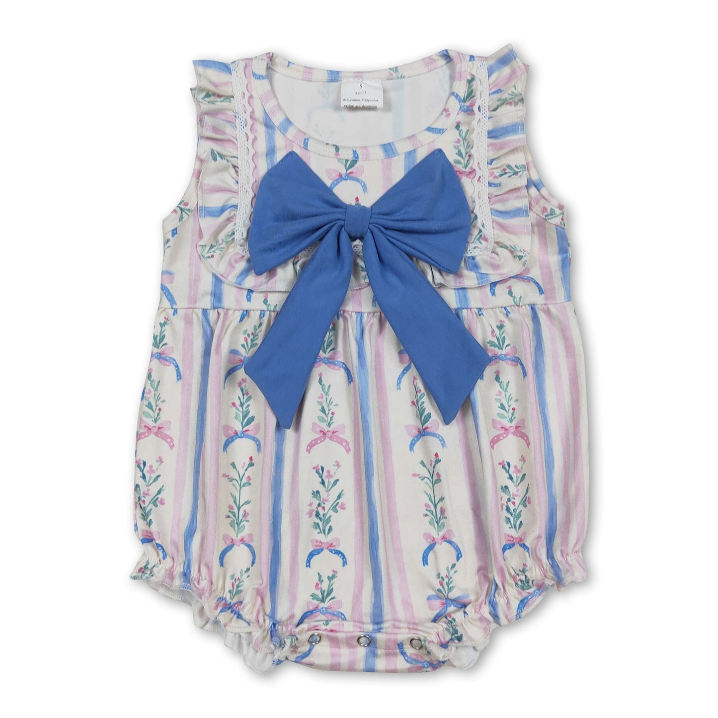 Blue bow stripe floral ruffle baby girls summer romper